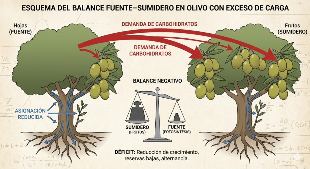Esquema del balance fuente–sumidero en olivo con exceso de carga