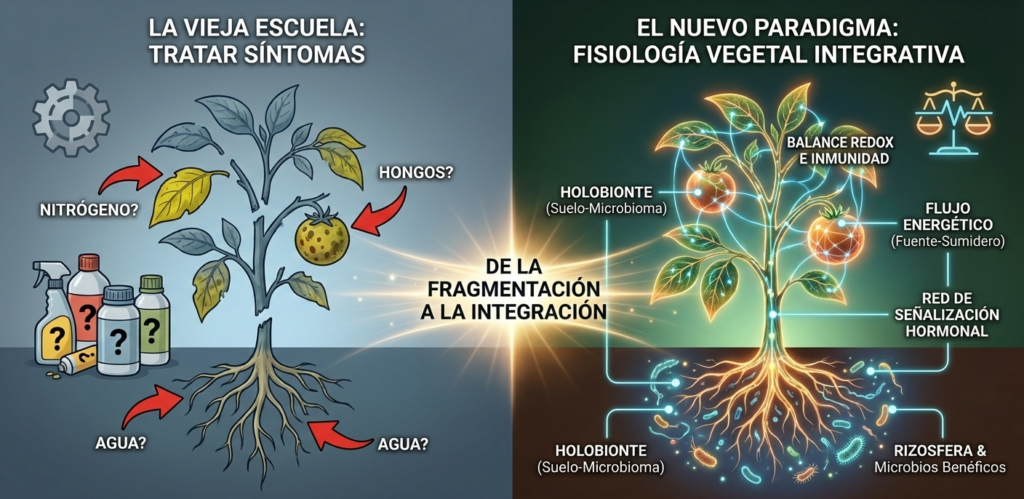 Infografía comparativa del Manifiesto de Fisiología Vegetal Integrativa. A la izquierda, la 'Vieja Escuela' muestra una planta enferma tratada por síntomas aislados (nitrógeno, hongos, agua) con químicos. A la derecha, el 'Nuevo Paradigma' ilustra una planta sana como un sistema interconectado de holobionte, balance redox, flujo energético y señalización hormonal.
